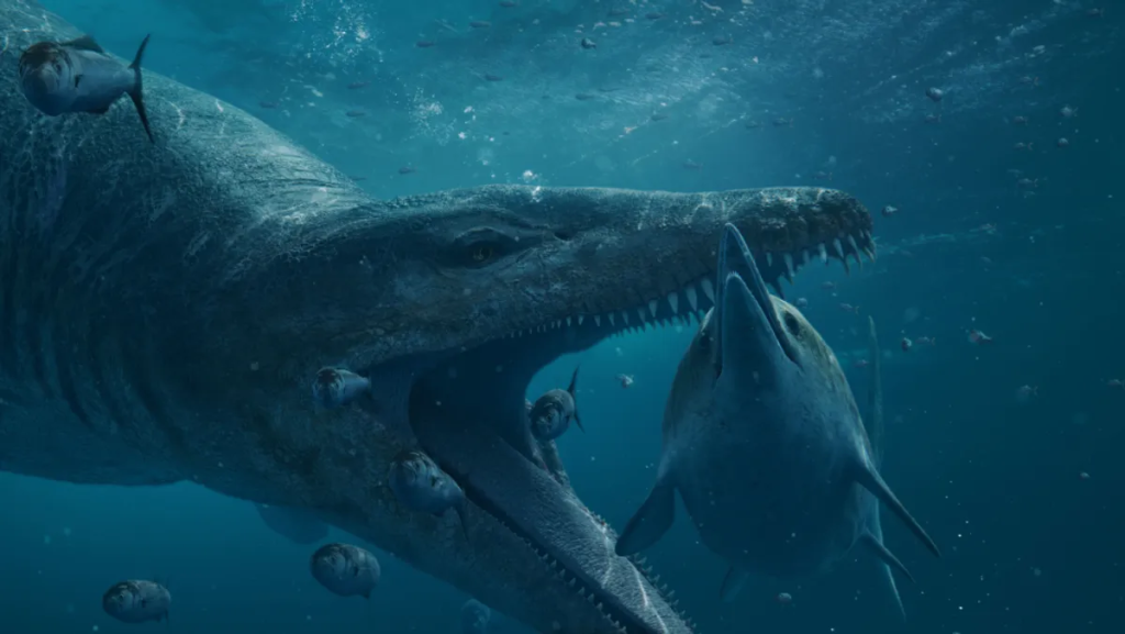 What the pliosaur may have looked like in life while hunting ichthyosaurs.