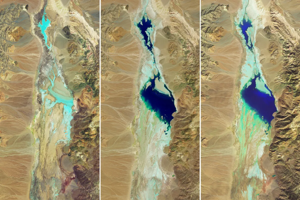 Badwater Basin on July 5, 2023 (left), August 30, 2023 (center), and February 14, 2024 (right)